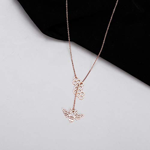 18K Gold Plated Stainless Steel Bee Honeycomb Pendant Necklace, Adjustable Y Lariat Conch/Guitar/Horseshoe Necklace for Women - color: Rose Gold, style: Bee