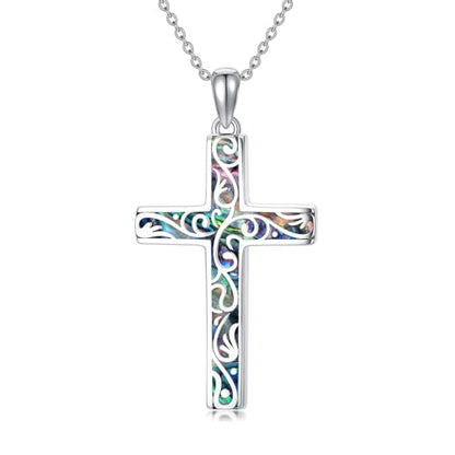 Cross Necklace for Men Women 925 Sterling Silver Cross Pendant Necklace Christian Religious Jewelry Gifts for Anniversary - color: 19-Abalone Cross