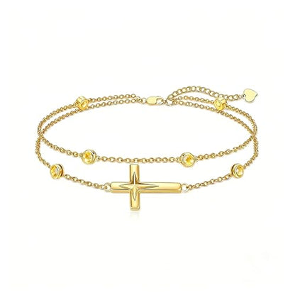 Midari 18K Yellow Gold Gemstone Birthstone Anklet Bracelet Cross Jewelry with 12 Months Birthstone Birthday Gifts for Women Wife Her Daughter Mom - color: 11-Nov-Citrine, size: Anklet 9"-11"