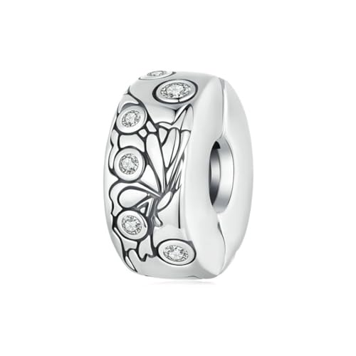 Heart Charm Clip Lock Spacer Stopper Charm Bead Bracelet 925 Sterling Silver Charms Safety Chain for Pandora Bracelets - color: Butterfly Flower Stoppered Beads
