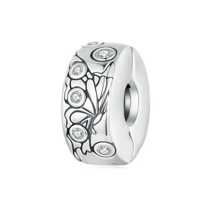 Heart Charm Clip Lock Spacer Stopper Charm Bead Bracelet 925 Sterling Silver Charms Safety Chain for Pandora Bracelets - color: Butterfly Flower Stoppered Beads