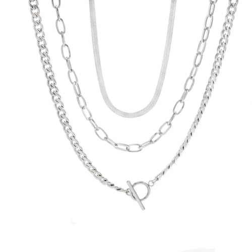 Layered Silver Chain Necklace for Women Chunky Stainless Steel Chains Necklaces Trendy Cuban Link Paperclip Chain Toggle Clasp Choker Necklace Stack Set Jewelry - color: Silver