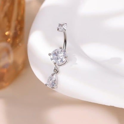 14G G23 Titanium Dangle Belly Button Ring for Women Dangling Belly Rings CZ Butterfly Teardrop Navel Rings Internally Threaded Curved Barbell Navel Piercing Jewelry - color: Silver-3