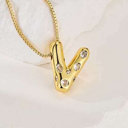 Cicy Bell Initial Necklace for Women 14k Gold Plated | Cubic Zirconia, Trendy, Personalized, Dainty Letter Pendant - color: V-Gold