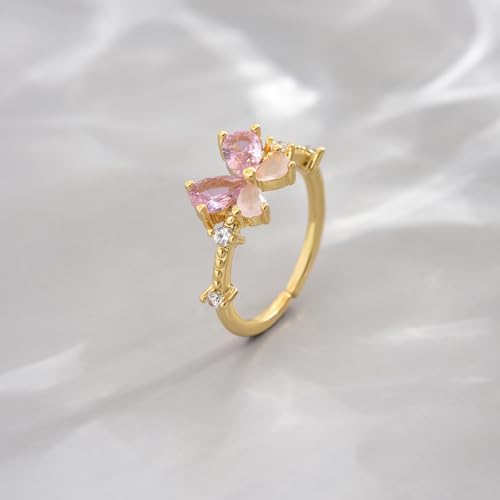 Adjustable Rings for Women 18K Gold Plated daisy Flower Butterfly Ball Cubic Zirconia Rings Dainty Open Stacking Ring - color: Pink Butterfly-Gold