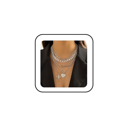 GYRMMUE 5 Pcs Chunky Gold Layered Necklaces Set for Women Heart Locket Coin Cross Pendant Necklaces Punk Hip Hop Charm Necklace Goddess Style Stacked Chain Necklace Christian Faith Jewelry - color: Silver