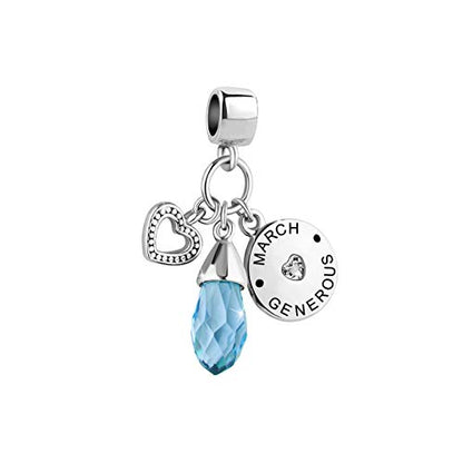 Women Charm for Bracelets Love Heart Dangle Silver Clear CZ Beads Birthstone Bracelet Charms for Daughter Women Wife, Blue Pink Clear - style: MARCH