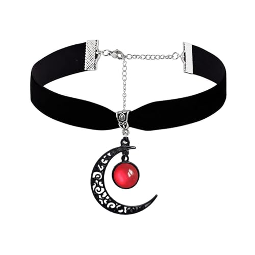 Gothic Black Velvet Goth Choker Necklace for Women,Cameo Black Choker Crow Skull Pendant Necklace Vintage Collar Skull Necklace Gothic Jewelry - style: Red moon