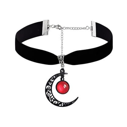 Gothic Black Velvet Goth Choker Necklace for Women,Cameo Black Choker Crow Skull Pendant Necklace Vintage Collar Skull Necklace Gothic Jewelry - style: Red moon