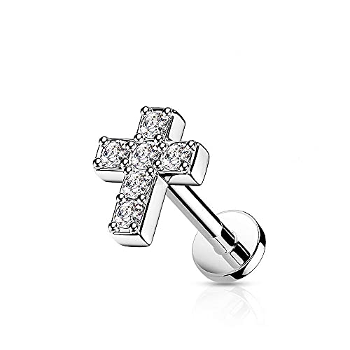 Covet Jewelry 6 CZ Cross Top with Internally Threaded Surgical Steel Flat Back Studs with Extended Threading for Labret, Monroe, Cartilage and More - style: 16GA, L: 1/4" (6mm), Steel/Clear