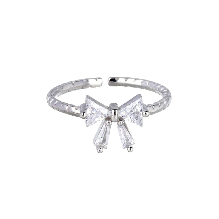2Pcs Bow Rings for Women Elegant Sweet Coquette Ribbon Bowknot Rings Silver Dainty Crystal Bow Rings Minimalist Cute Statement Ring Adjustable Open Ring Trendy Christmas Birthday Jewelry Gift