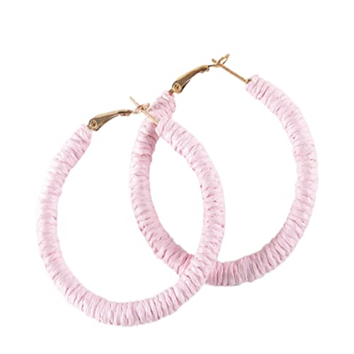Handmade Rattan Earrings - Large Circle Braided Straw Wicker Drop Earrings - Light Weight Summer Hoops - color: B pink