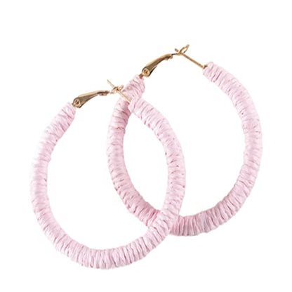 Handmade Rattan Earrings - Large Circle Braided Straw Wicker Drop Earrings - Light Weight Summer Hoops - color: B pink