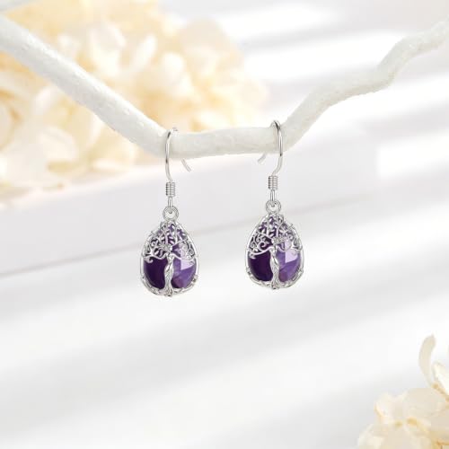 AEONSLOVE Tree of Life Crystal Earrings with Sterling Silver Ear Hooks, Dangle Drop Tree Earrings Gifts for Women - style: A01-Amethyst-Teardrop