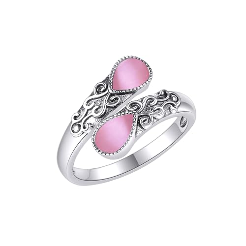 Ring for Women Sterling Silver Adjustable Band Open Rings Jewelry Gifts for Girls - style: pink opal