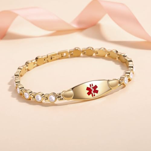 LinnaLove Fashion Shiny medical alert bracelet with Free Engraving Stainless steel Medical id bracelet for Women - color: Crystal heart-Gold