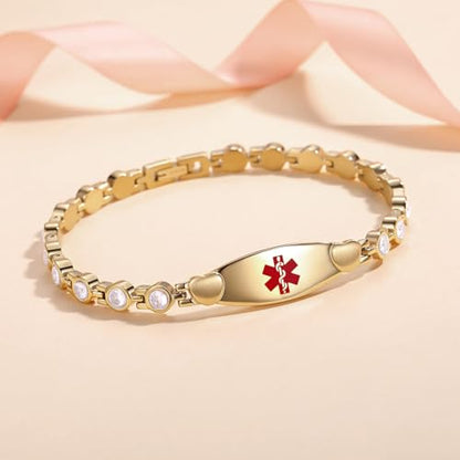 LinnaLove Fashion Shiny medical alert bracelet with Free Engraving Stainless steel Medical id bracelet for Women - color: Crystal heart-Gold