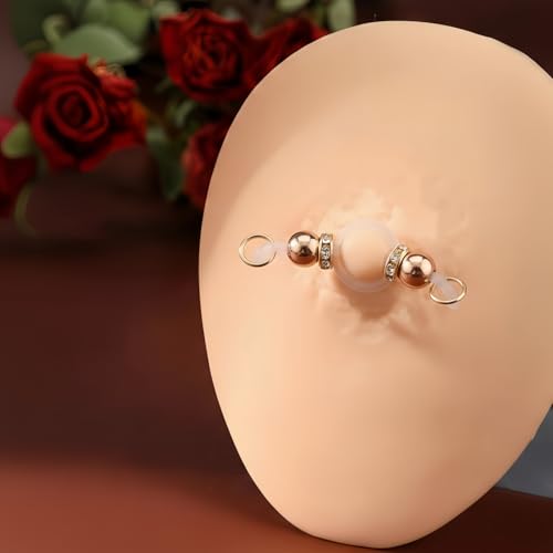 2 Pairs Non-Piercing Nipple Jewelry – Adjustable Silicone Rings with Silver & Gold Beads – Fake Nipple Piercing Look, Pain-Free Faux Nipple Rings for Unisex Adult Body Jewelry - color: Silver & Gold