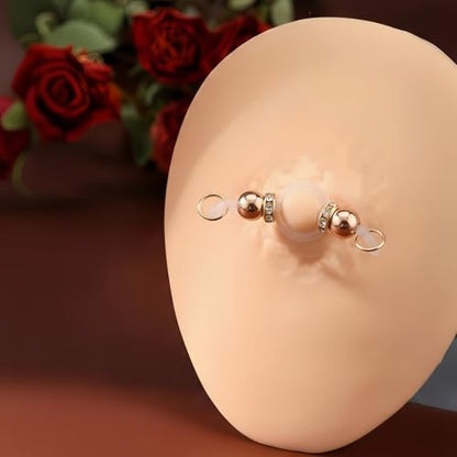 2 Pairs Non-Piercing Nipple Jewelry – Adjustable Silicone Rings with Silver & Gold Beads – Fake Nipple Piercing Look, Pain-Free Faux Nipple Rings for Unisex Adult Body Jewelry - color: Silver & Gold