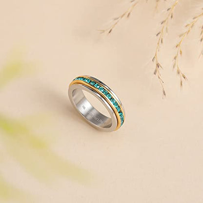 Muses Art Design Fidget Rings, Anxiety Rings, Spinner Rings, Band Rings with Birthstone, Stainless Steel, Women and Men, Meditation Rings, Thumb Rings, Stress Relieving and Anxiety Reducing - color: December - Blue Zircon