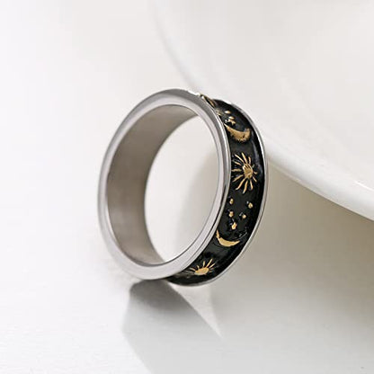 HZMAN 8mm Moon Star Sun Statement Ring Stainless Steel Boho Jewelry for Women Men - color: Silver & Gold