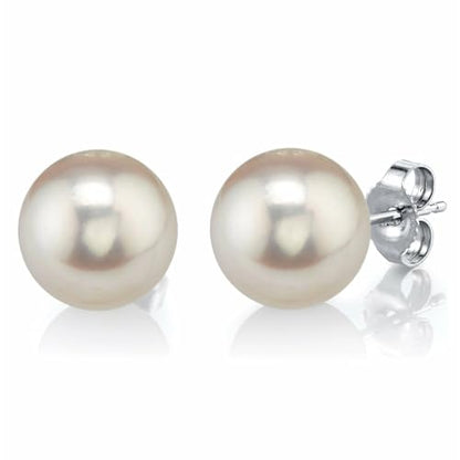THE PEARL SOURCE Round White Freshwater Real Pearl Earrings in AAAA Quality for Women - 14k White and Yellow Gold Stud Earrings | Hypoallergenic Earrings with Genuine Cultured Pearls, Pearl Gifts for Christmas, Holidays and Anniversary - color: White Gold