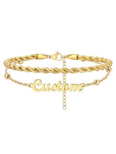 Custom4U Custom Name Anklet Bracelets for Women Waterproof Beaded/Figaro/Cuban/Rope/Wheat Chain Anklet Stackable Gold Plated Non Tarnish Custom Beach Gift Barefoot Summer Jewelry for Her - color: E01-Gold Rope Chain