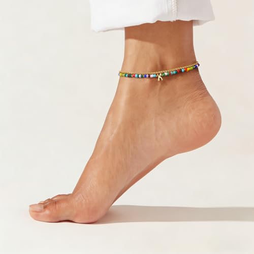 KissYan Initial Ankle Bracelets for Women | Layered Colorful Beaded Anklet with 14K Gold Chain, Waterproof Dainty Jewelry Gift for Summer Beach - style: F