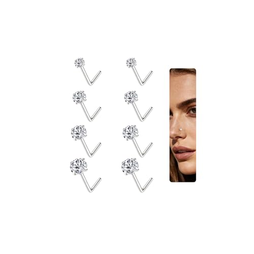 15PCS 14K Gold Plated Nose Rings Studs Set for New Piercing Beginners - color: 8pcs/L-shaped/20G/Silver