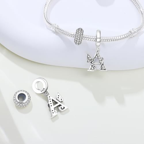 2 Pack 925 Sterling Silver Butterfly Letter Charms for Bracelets and Necklace Alphabet Initial Dangle Pendants Round Spacer Beads Pave Cubic Zirconia Jewelry Gift for Women - color: A Set