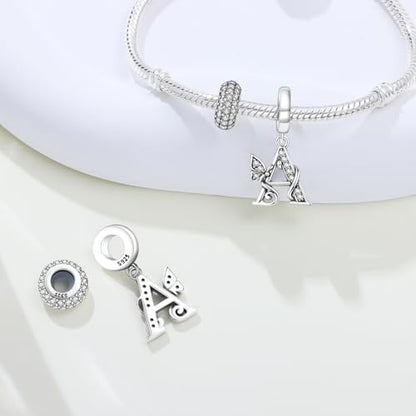 2 Pack 925 Sterling Silver Butterfly Letter Charms for Bracelets and Necklace Alphabet Initial Dangle Pendants Round Spacer Beads Pave Cubic Zirconia Jewelry Gift for Women - color: A Set