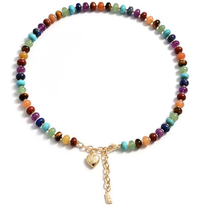 Boho Gemstone Beaded Necklace for Women – Colorful Natural Stone Choker 18K Solid Heart-Shaped Pendant, Summer Beach Jewelry - color: Seven Chakra Stones