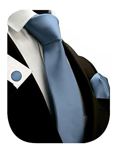 GUSLESON 3.15"（8cm） Solid Color Necktie and Pocket Square Cufflinks Sets For Men + Gift Box - color: Dusty Blue