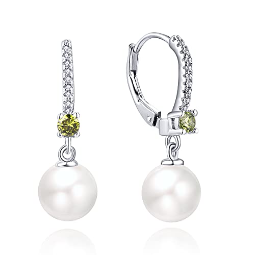 JO WISDOM 925 Sterling Silver Freshwater Pearl Hoop Earrings with Dangle Real Pearl,Simulated Pearls - color: B-8mm white pearl,peridot color