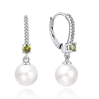JO WISDOM 925 Sterling Silver Freshwater Pearl Hoop Earrings with Dangle Real Pearl,Simulated Pearls - color: B-8mm white pearl,peridot color