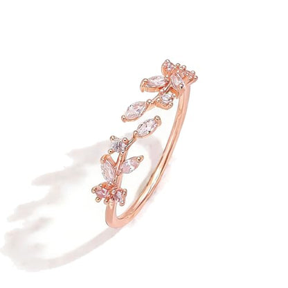 Gold Rings Non Tarnish Silver Adjustable Rings for Women Cubic Zirconia Leaf Ring Dainty Silver Stackable Ring for Women - style: rose gold