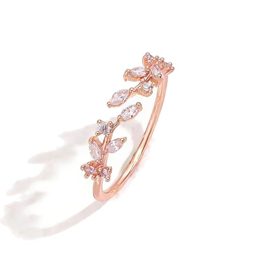 Gold Rings Non Tarnish Silver Adjustable Rings for Women Cubic Zirconia Leaf Ring Dainty Silver Stackable Ring for Women - style: rose gold