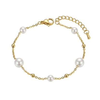 18K Gold Plated Pearl Beaded Cross Bracelets for Women Adjustable Stainless Steel Dainty Thin Gold Box Cuban Twisted Link Chain Bracelet Bridesmaid Jewelry Gifts - color: Multi Pearls Beads-Gold