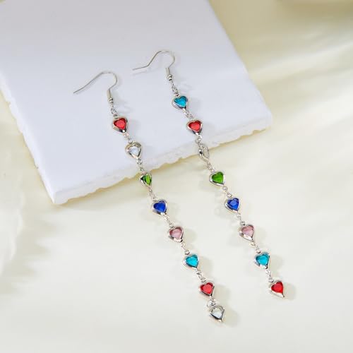 Sparkly Crystal Heart Long Chain Drop Earrings For Women Colorful Love Heart Tassel Statement Dangle Earrings Birthday Prom Jewelry Gifts - color: Silver