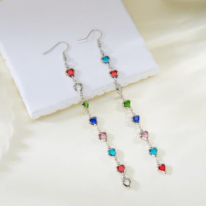 Sparkly Crystal Heart Long Chain Drop Earrings For Women Colorful Love Heart Tassel Statement Dangle Earrings Birthday Prom Jewelry Gifts - color: Silver