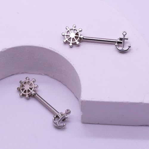 14G Wrench Barbell Nipple Ring 316L Anchor and Rudder Nipple Barbell Screw Nipple Rings Body Piercing Jewelry for Women Men - color: Silver-Anchor and Rudder