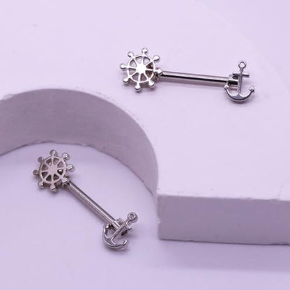 14G Wrench Barbell Nipple Ring 316L Anchor and Rudder Nipple Barbell Screw Nipple Rings Body Piercing Jewelry for Women Men - color: Silver-Anchor and Rudder
