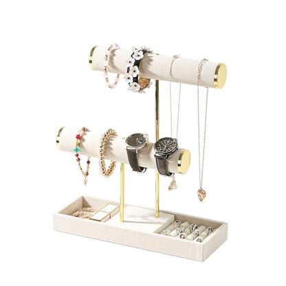Coward Bracelet Necklace Holder Display, T-Bar Jewelry Holder Stand, Jewelry Organizer with Tray for Necklaces, Bangles, Rings Earrings Watches (Beige Velvet) - color: Beige