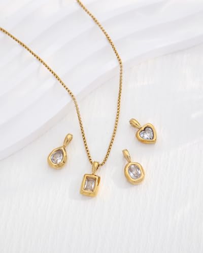 Interchangeable Removable CZ Charms Necklace, Gold Silver Stainless Steel Adjustable Box and Rice Bead Chain Minimalist Custom DIY Pendant Jewelry Gifts - color: Gold-A