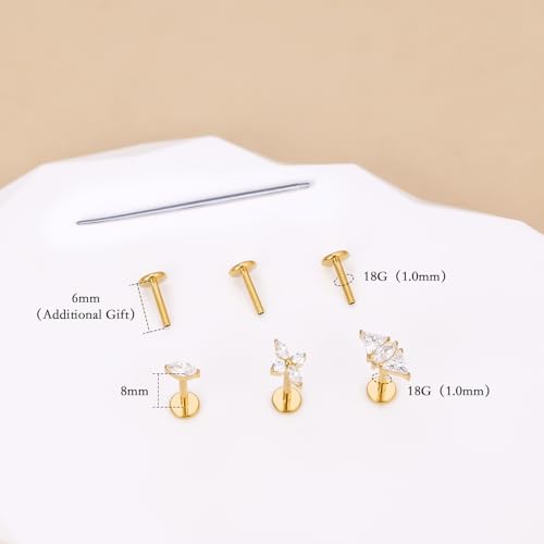 limerencia Titanium Internally Threaded Flat Back Earrings, 3 Pcs Implant Grade Hypoallergenic Studs, 18G Tragus Helix Conch Cartilage Piercing Jewelry for Sensitive Ears Women Men, Gold/Silver - color: Gold-Vibe A