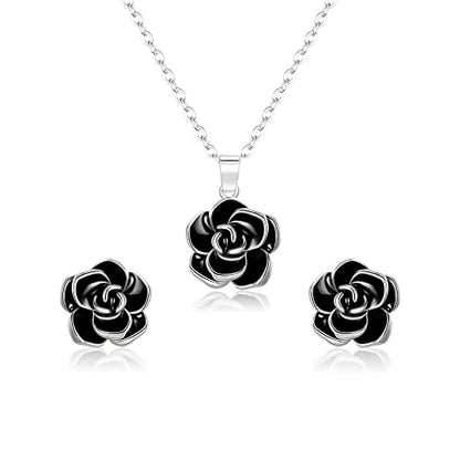 EleQueen Rose Flower Necklace Earrings Bracelet Set for Women - color: 07_Black Silver-Tone
