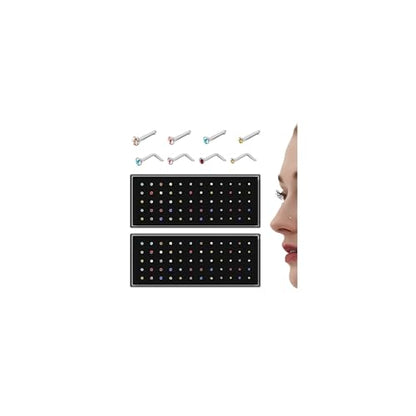 THUNARAZ Straight L Shaped Stainless Steel Nose Studs Rings Piercing Pin Body Jewelry 20G-22G 1.5mm 2mm 2.5mm - color: H:120Pcs White CZ/Colourful CZ(20G Mixed)