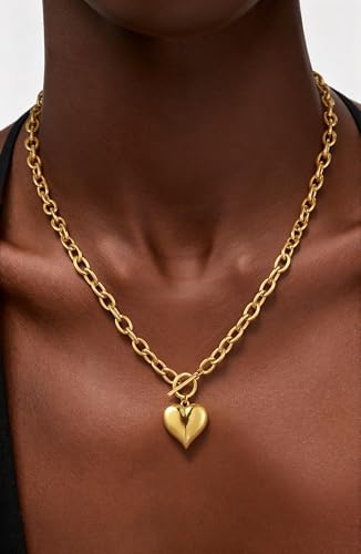 Chunky Gold Necklace for Women, Dainty 14K Gold/Silver Plated Heart Pendant Choker Necklaces Trendy Circle Chain Toggle Clasp Necklace Jewelry Gift for Women