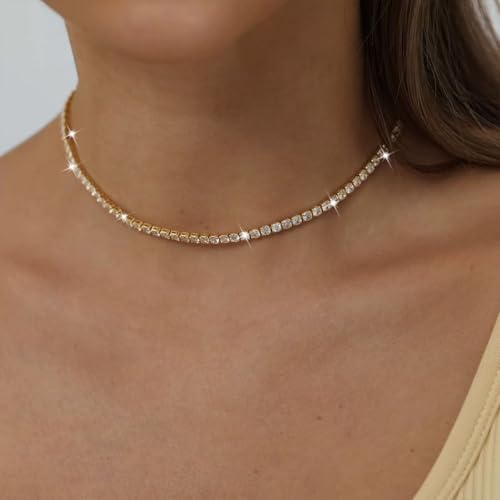 Rhinestone Necklace Bracelet Jewelry Set for Women Sparkly Crystal Cubic Zirconia Chain Choker Necklace Brides Bridesmaid Prom Costume Accessorie - color: Gold