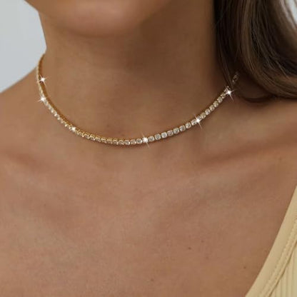 Rhinestone Necklace Bracelet Jewelry Set for Women Sparkly Crystal Cubic Zirconia Chain Choker Necklace Brides Bridesmaid Prom Costume Accessorie - color: Gold